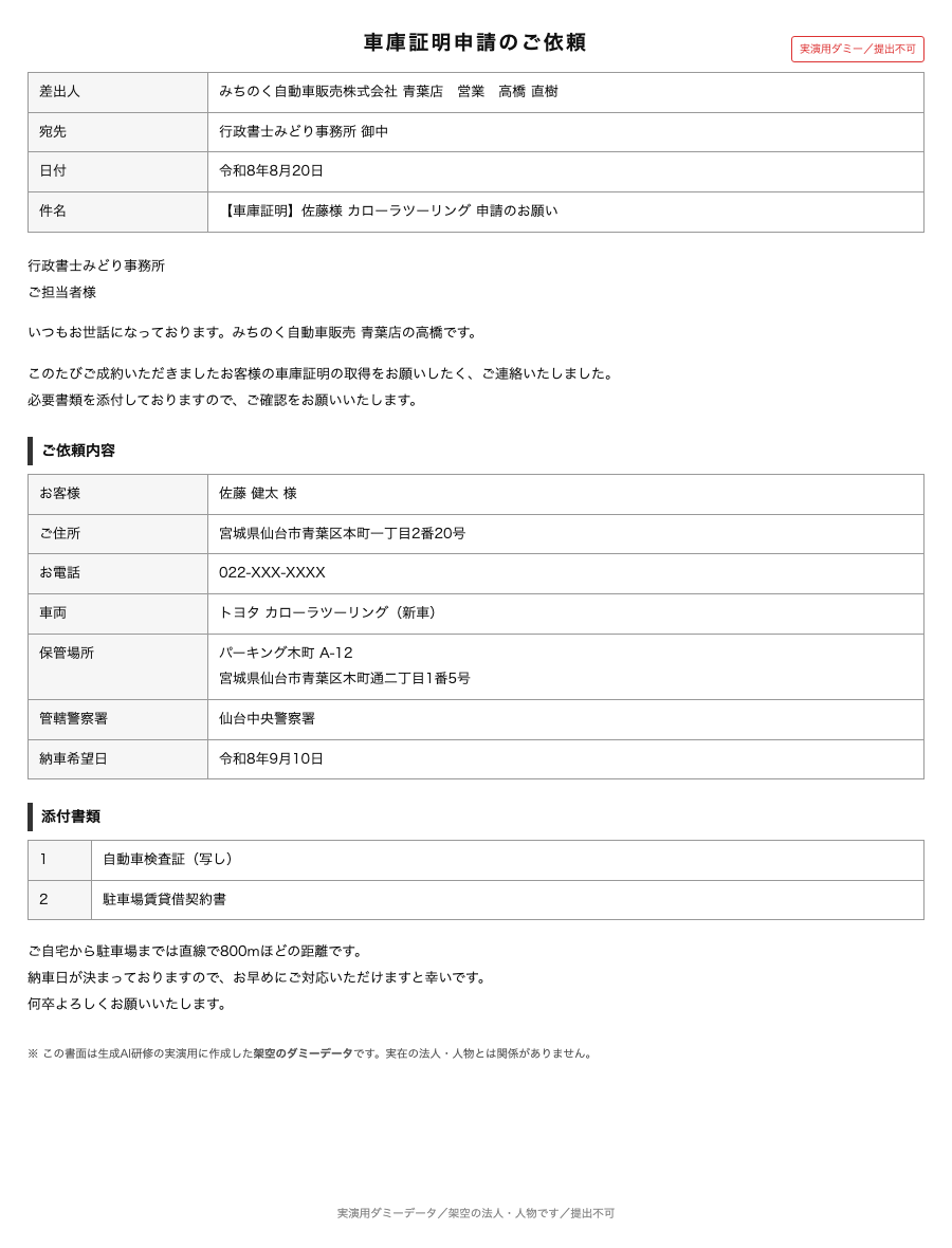 ディーラーからの依頼メール